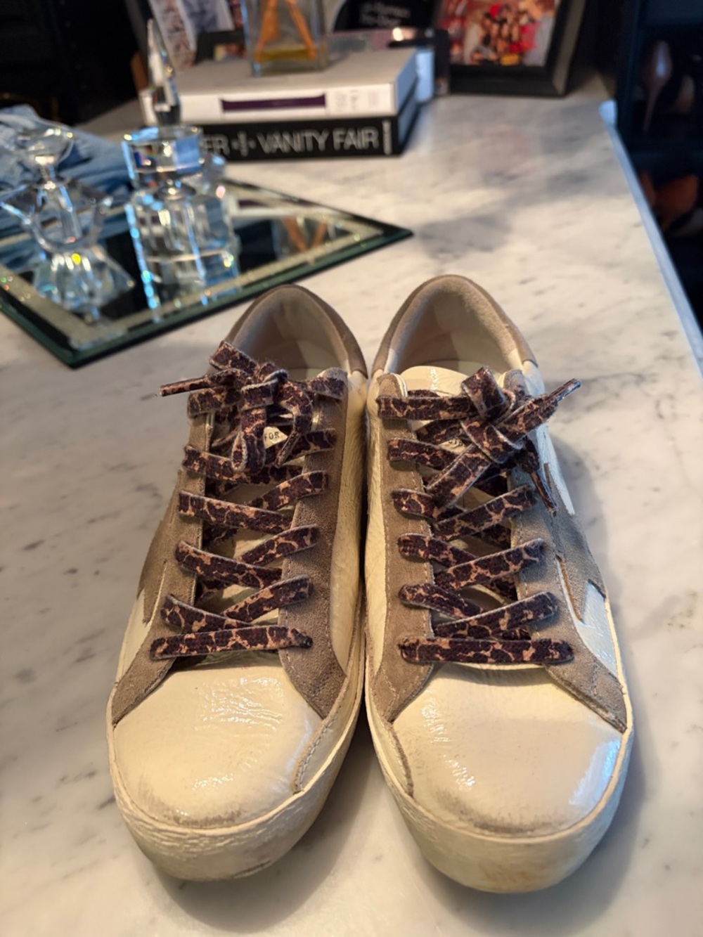 Golden Goose White Sneakers with Taupe Suede and Leopard Laces - Picture 2 of 5